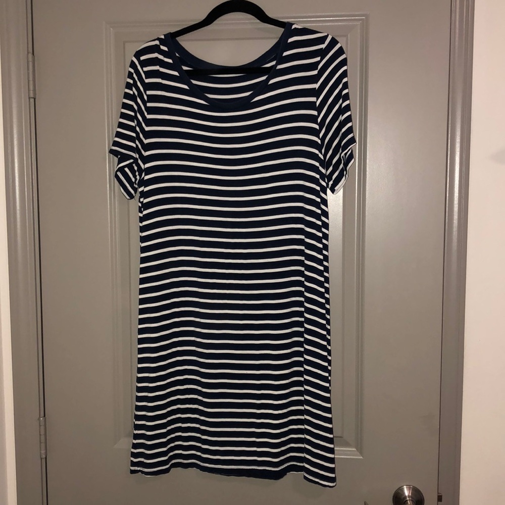 Navy blue and white striped t-shirt dress
